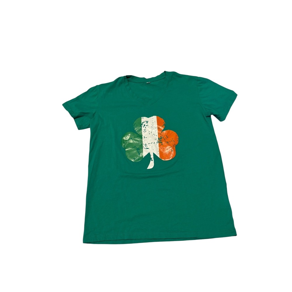Green Irish Flag Shamrock V-Neck T-Shirt St Patricks Day Cotton Tee Medium